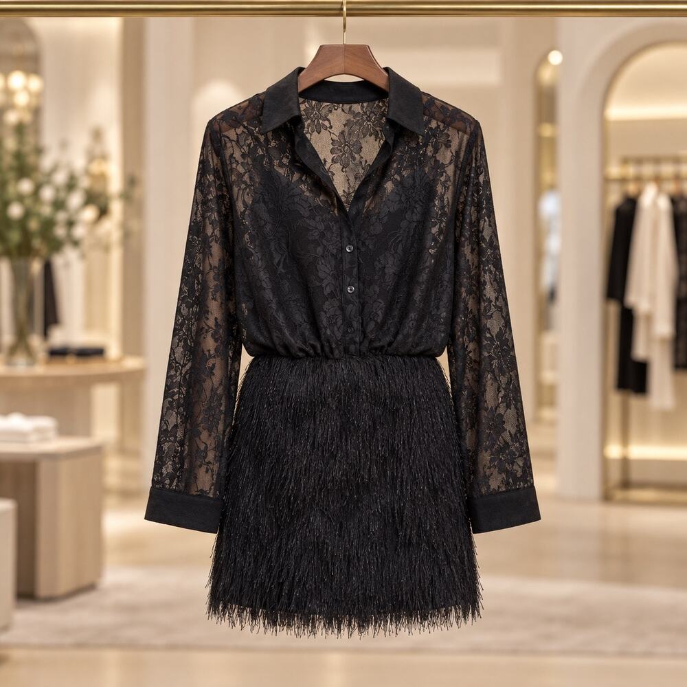 Maeve Anthropologie Black Lace Fringe Mini Dress Twofer NWT M Wednesday Chic fun